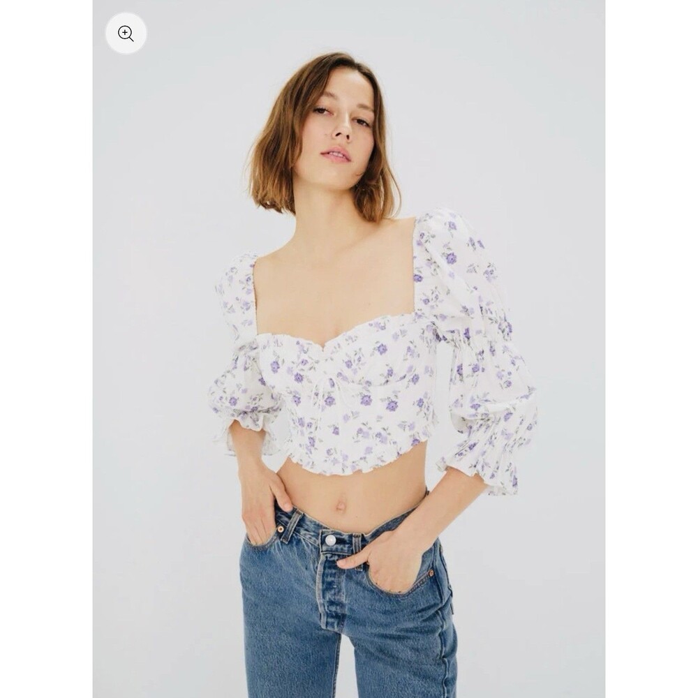 For Love And Lemons Leslie Floral Crop Top Puff Sleeve Women’s  Blouse Large